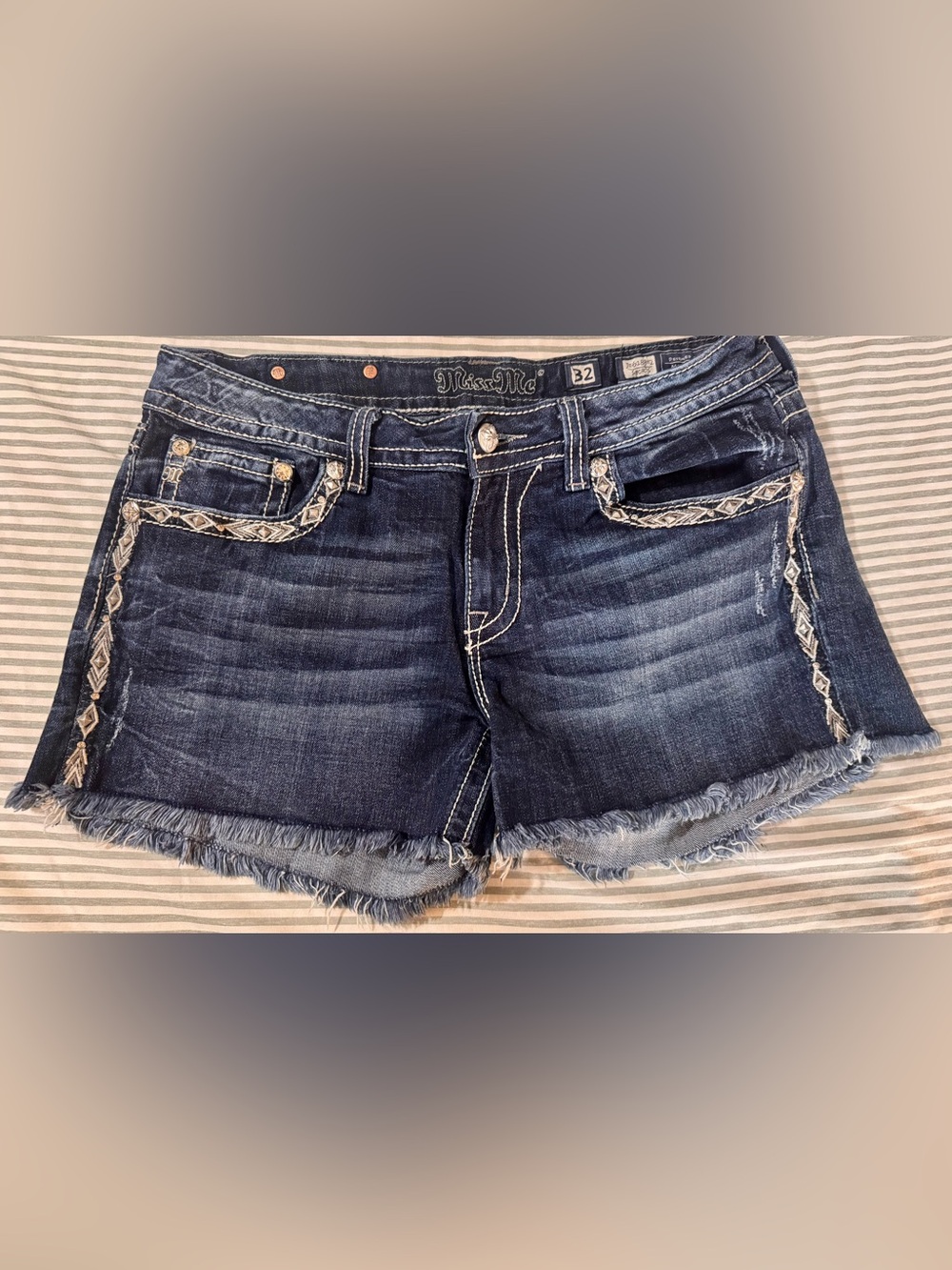 Miss Me Dark Blue Embroidered Frayed Hem Denim Shorts